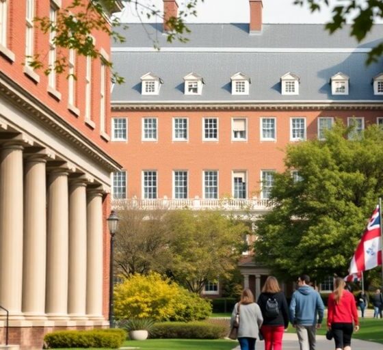 Harvard University campus with students and international flags.