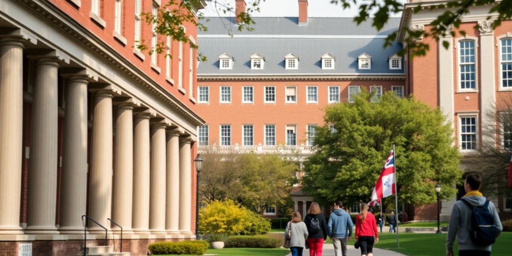 Harvard University campus with students and international flags.