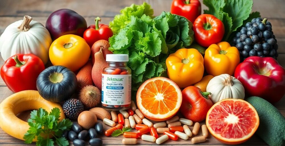 Colorful fruits and vegetables with multivitamin capsules.