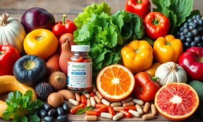 Colorful fruits and vegetables with multivitamin capsules.