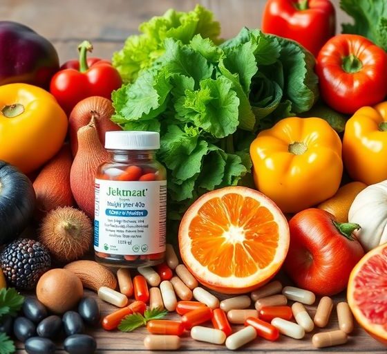Colorful fruits and vegetables with multivitamin capsules.