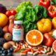 Colorful fruits and vegetables with multivitamin capsules.