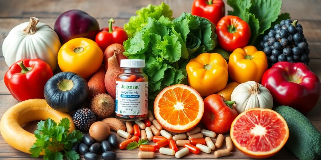 Colorful fruits and vegetables with multivitamin capsules.