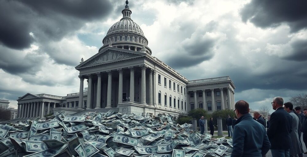 Crumbling government building with worried citizens and dollar bills.