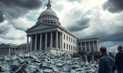 Crumbling government building with worried citizens and dollar bills.