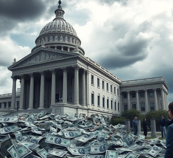 Crumbling government building with worried citizens and dollar bills.