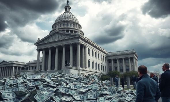 Crumbling government building with worried citizens and dollar bills.
