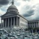 Crumbling government building with worried citizens and dollar bills.