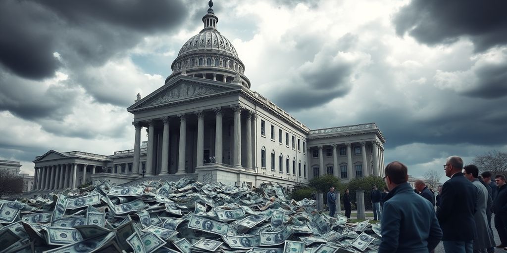 Crumbling government building with worried citizens and dollar bills.