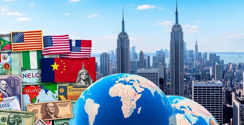 Collage of currencies and American skyline representing global investments.