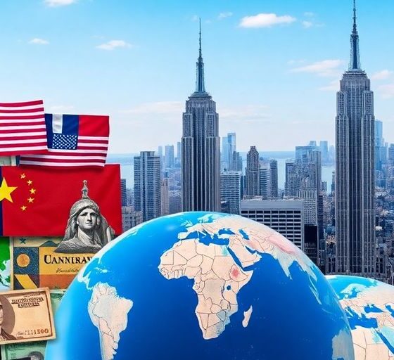 Collage of currencies and American skyline representing global investments.
