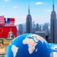 Collage of currencies and American skyline representing global investments.