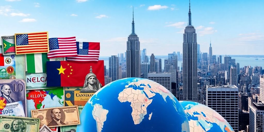 Collage of currencies and American skyline representing global investments.
