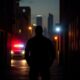 Law enforcement officer in dark alley during drug operation.