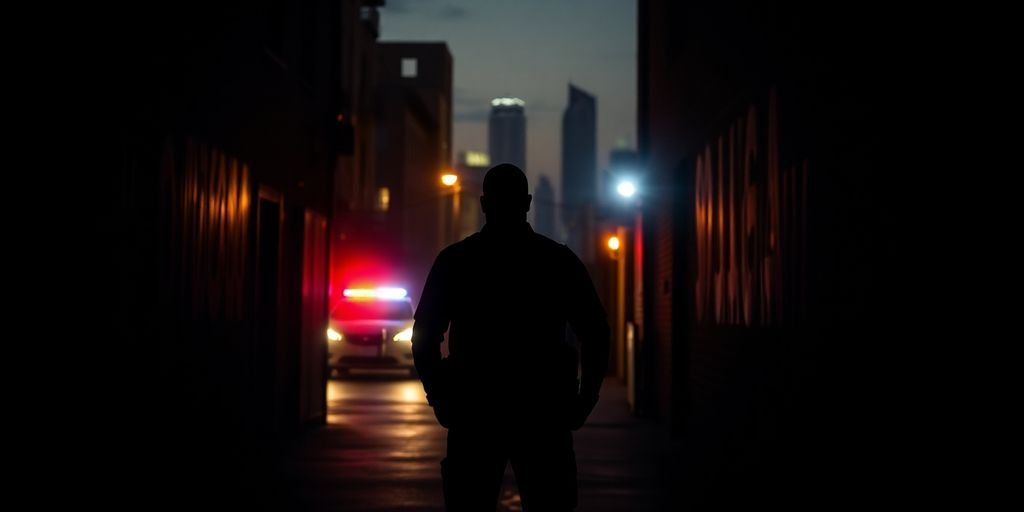 Law enforcement officer in dark alley during drug operation.