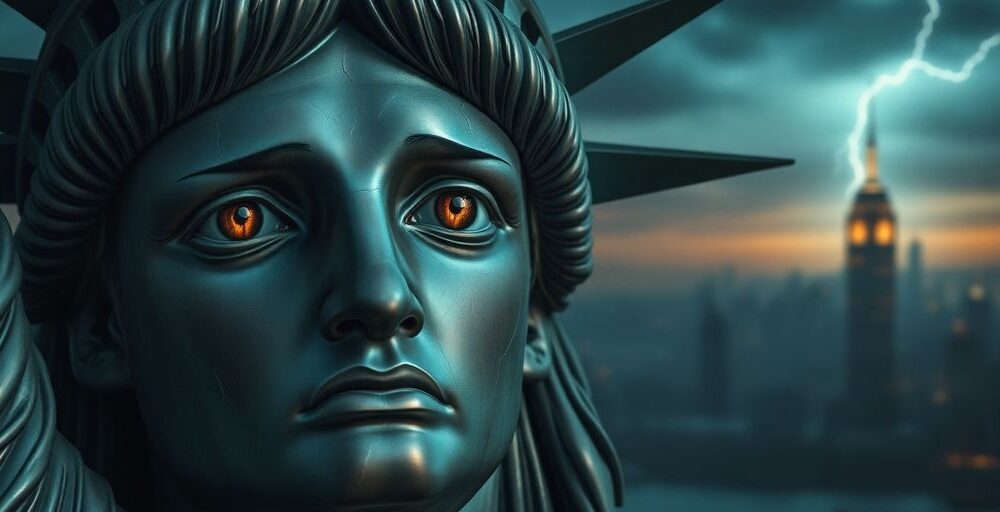 Distressed Statue of Liberty, dark stormy sky