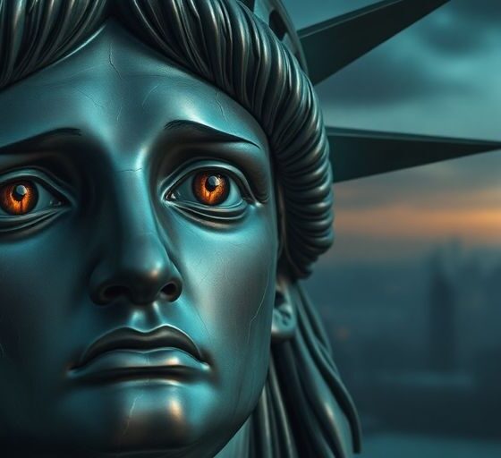 Distressed Statue of Liberty, dark stormy sky