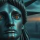 Distressed Statue of Liberty, dark stormy sky
