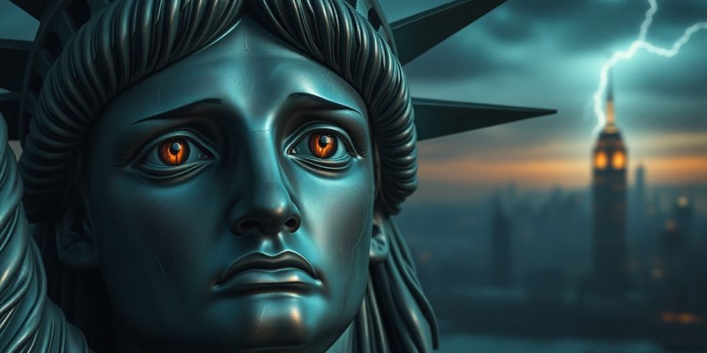 Distressed Statue of Liberty, dark stormy sky