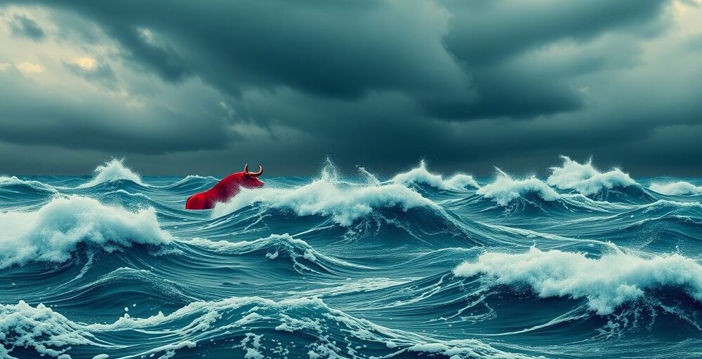 Red waves and dark clouds depict stock market turmoil.