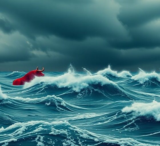 Red waves and dark clouds depict stock market turmoil.