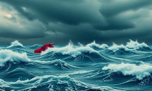 Red waves and dark clouds depict stock market turmoil.