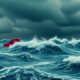 Red waves and dark clouds depict stock market turmoil.