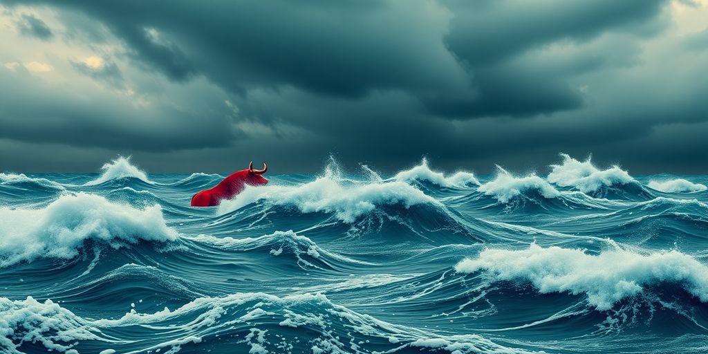 Red waves and dark clouds depict stock market turmoil.