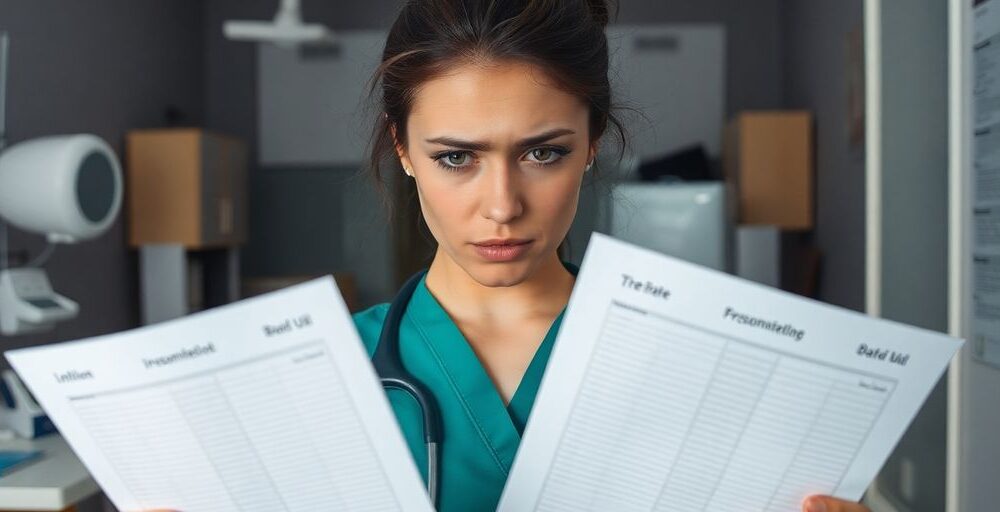 Healthcare worker with empty data sheets in dim office.