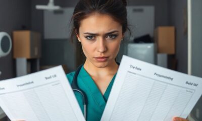 Healthcare worker with empty data sheets in dim office.