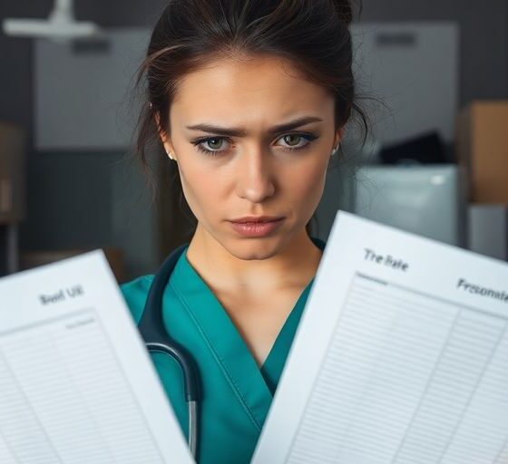 Healthcare worker with empty data sheets in dim office.