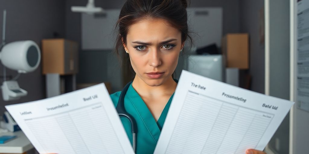 Healthcare worker with empty data sheets in dim office.