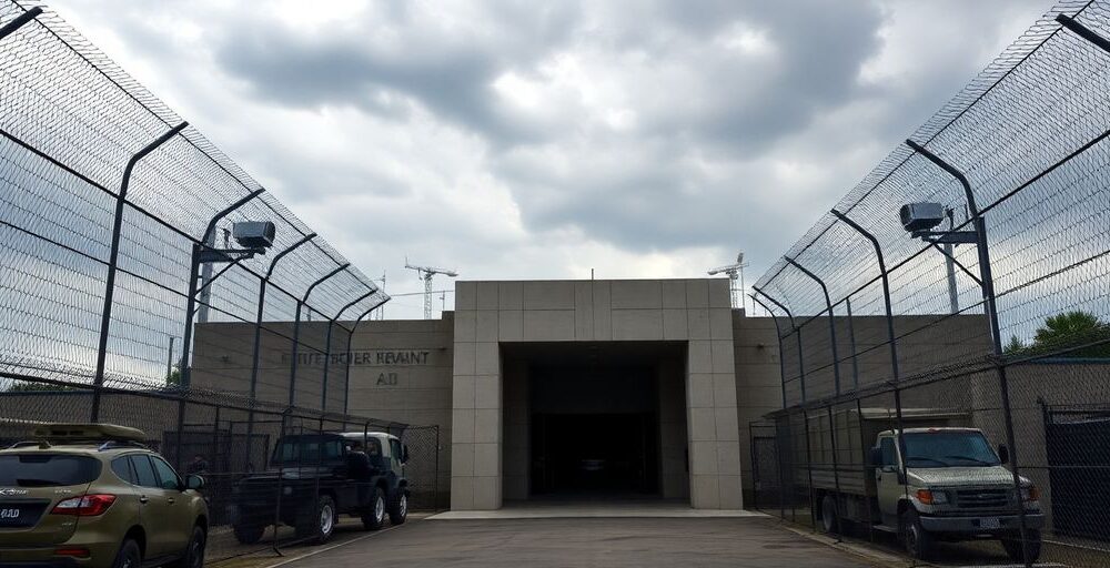 Fortified bunker with security measures and military presence.