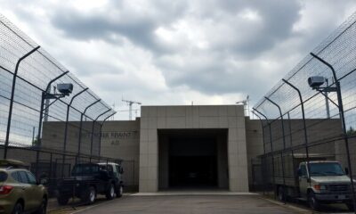 Fortified bunker with security measures and military presence.