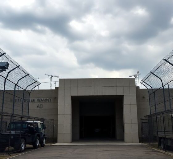 Fortified bunker with security measures and military presence.