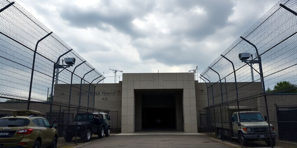 Fortified bunker with security measures and military presence.