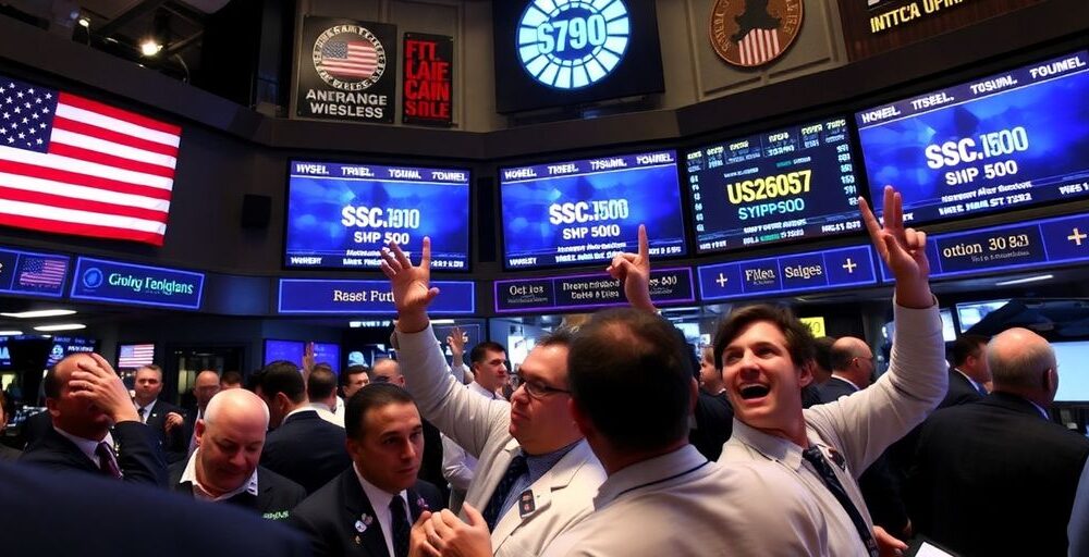 Traders celebrating on a busy stock exchange floor.