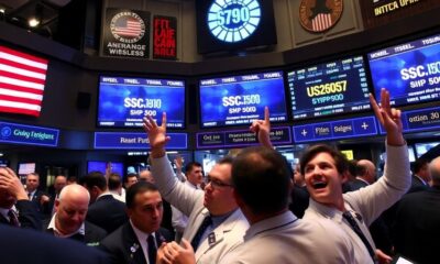 Traders celebrating on a busy stock exchange floor.