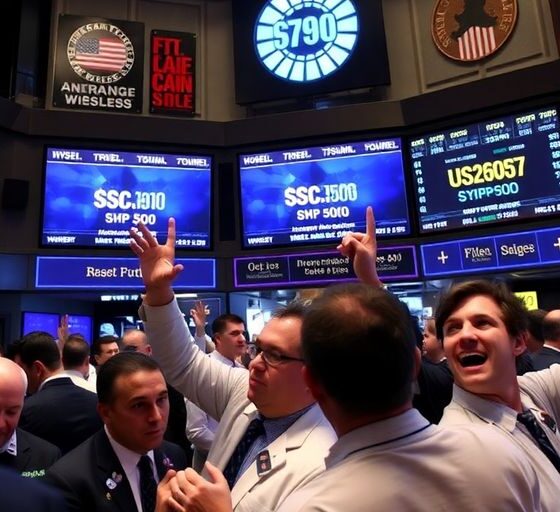 Traders celebrating on a busy stock exchange floor.