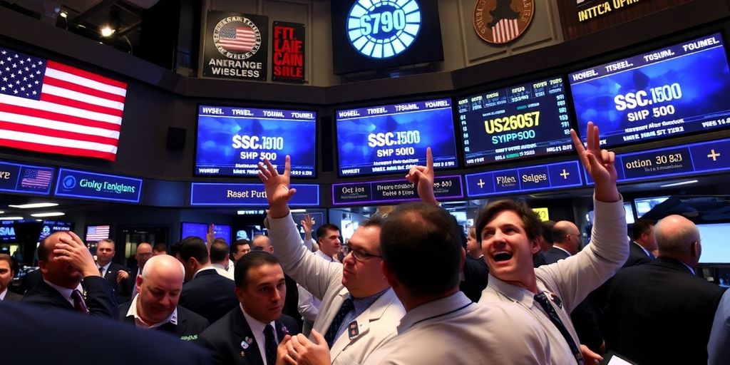 Traders celebrating on a busy stock exchange floor.
