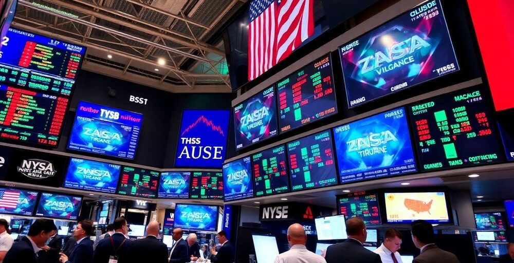 Traders celebrate on a lively stock exchange floor.