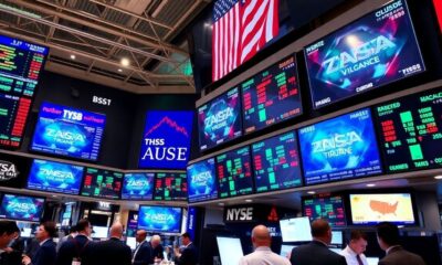Traders celebrate on a lively stock exchange floor.