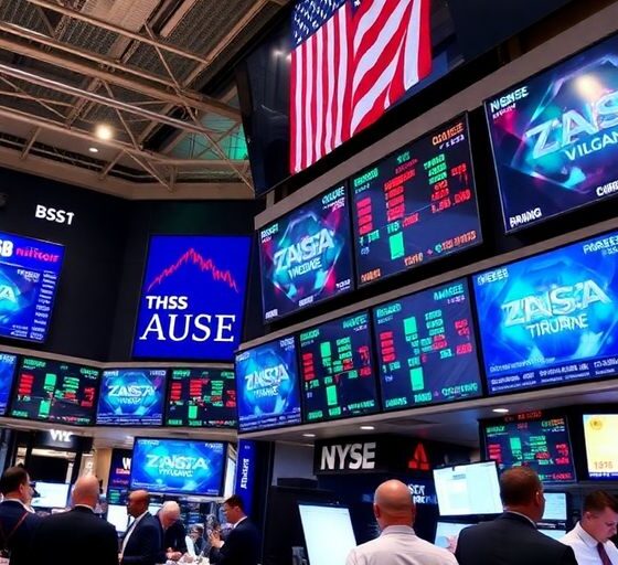 Traders celebrate on a lively stock exchange floor.