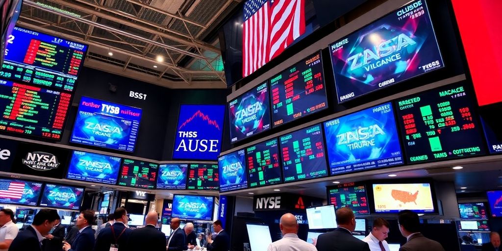 Traders celebrate on a lively stock exchange floor.