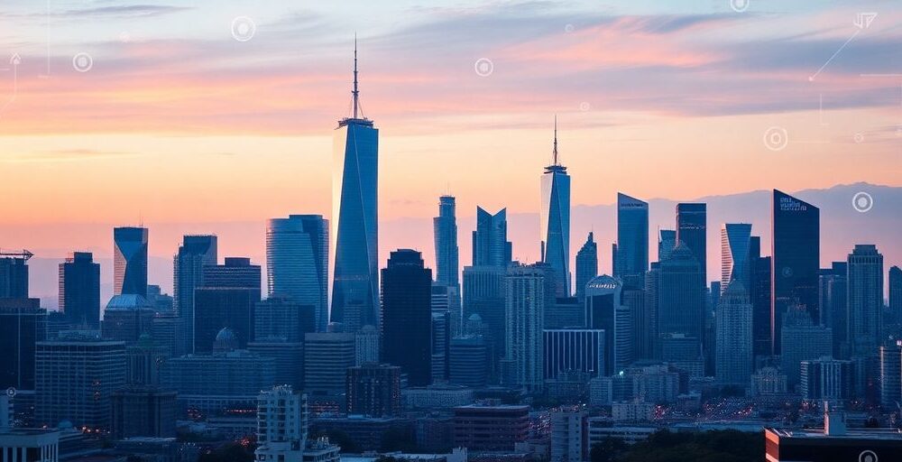 City skyline with tech graphics reflecting market growth.