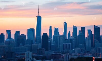 City skyline with tech graphics reflecting market growth.