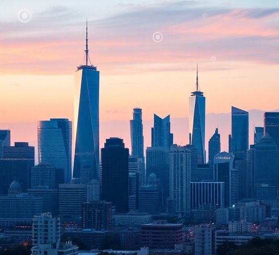City skyline with tech graphics reflecting market growth.