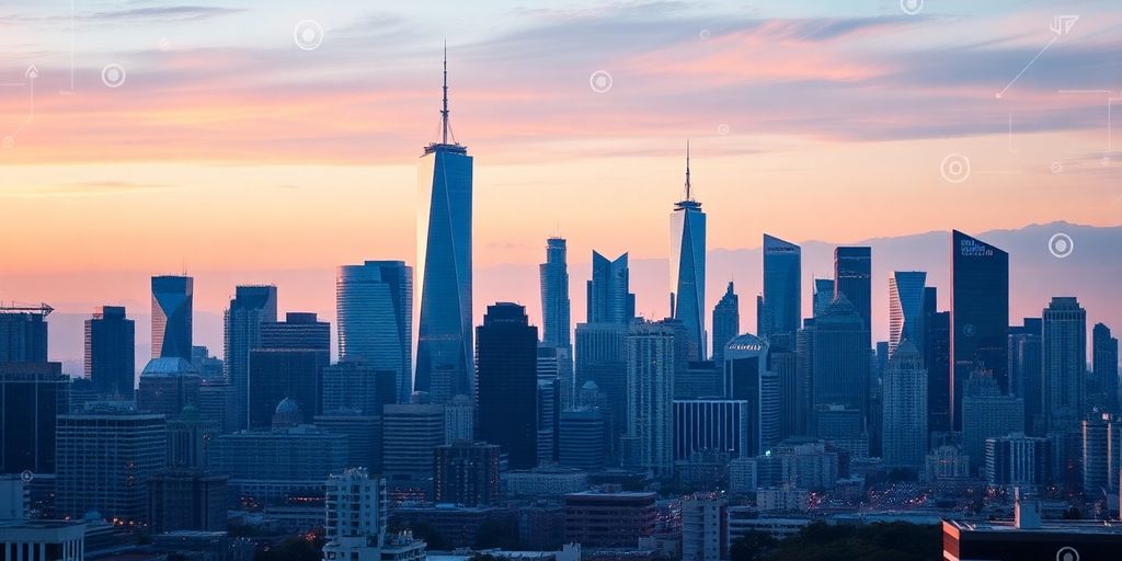 City skyline with tech graphics reflecting market growth.