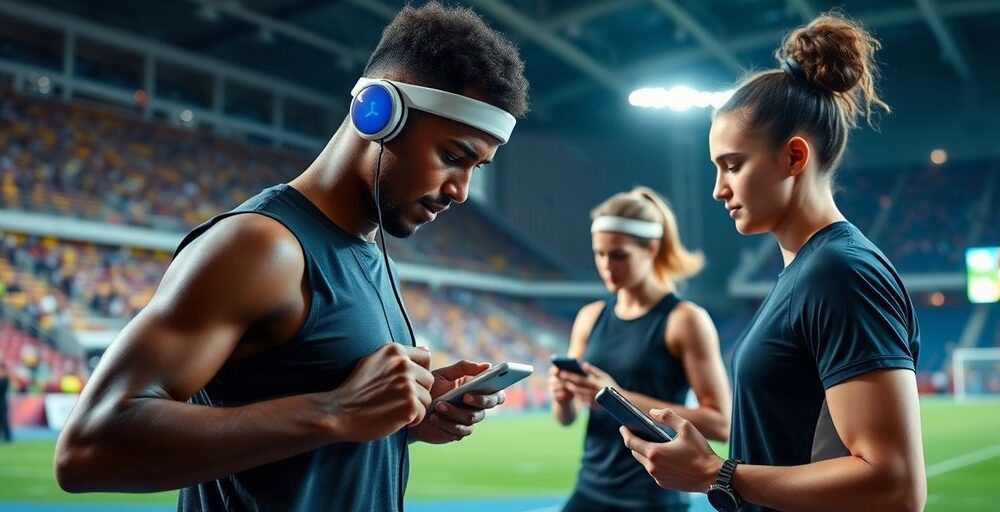 Athletes training with wearable technology in a vibrant stadium.