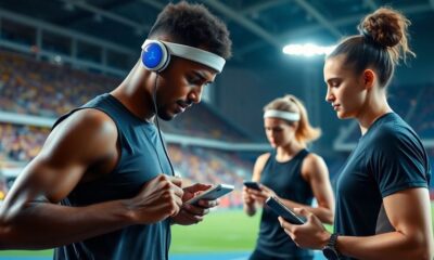 Athletes training with wearable technology in a vibrant stadium.